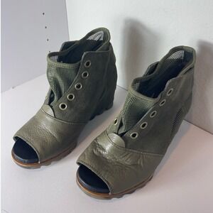 Sorel Joanie Mesh Peep Toe Wedge Sandals Olive Green Leather Womens 9.5
